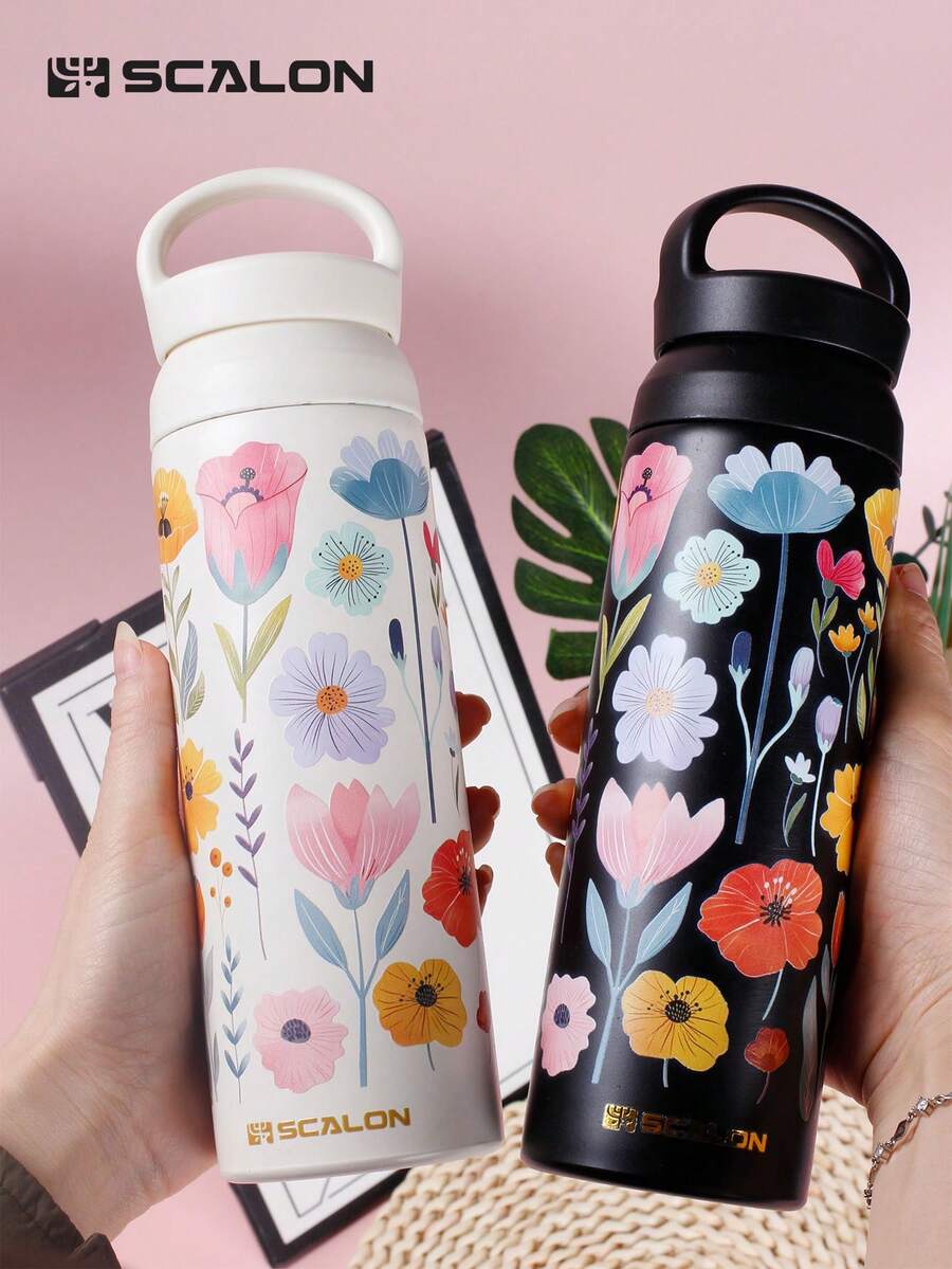 1 pieza SCALON Vaso aislado de gran capacidad de 17oz/500ml con diseño floral colorido, vaso de acero inoxidable a prueba de fugas y al vacío, portátil. Patrón floral fresco y lindo, acero inoxidable 304, botella de agua deportiva de gran tamaño que mantiene caliente/frío, adecuada para viajes, escuela, oficina, gimnasio, al aire libre, hogar, aislamiento duradero, asa portátil, regalo perfecto para cumpleaños, San Valentín, Navidad para familiares, amigos, novio/novia - Multicolor - Ver 1