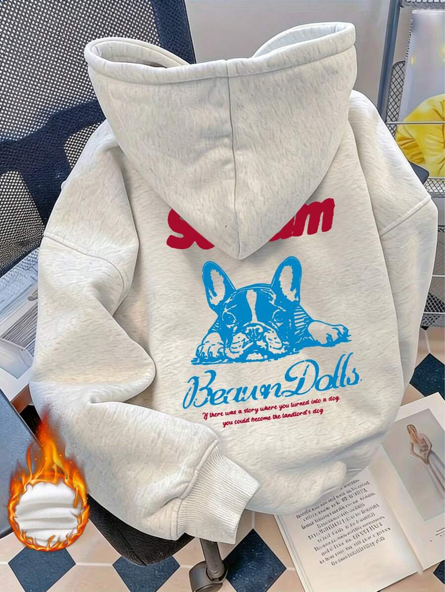 Slouchy Loose Sweatshirt Long Sleeve Bull Dog Letter Print Fleece Sweatshirt - Light Gray - View 1