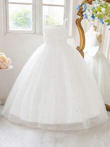 Váy dạ hội hở lưng đính ngọc trai giả, dây mảnh, lưới sequin cho bé gái tuổi teen, dự tiệc sinh nhật, dịp trang trọng, không bao gồm băng đô - trắng - Xem 6