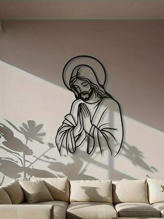 1 pieza Gran arte de pared de Jesús de metal - Decoración del hogar y dormitorio cristiano clásico, diseño de corte láser fácil de colgar, regalo de inauguración de la casa, ilustración minimalista de manos en oración, decoración de pared de metal moderna, decoración de pared inspiradora