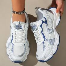 女士新款休闲运动鞋，透气网面厚底坡跟系带轻便百搭时尚运动鞋，白色/灰色，适合所有季节，运动休闲鞋 - 藍色 - 查看 9