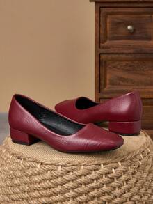 MonaNise Fashionable Versatile Square Toe Low Heel Shoes - Burgundy - View 3
