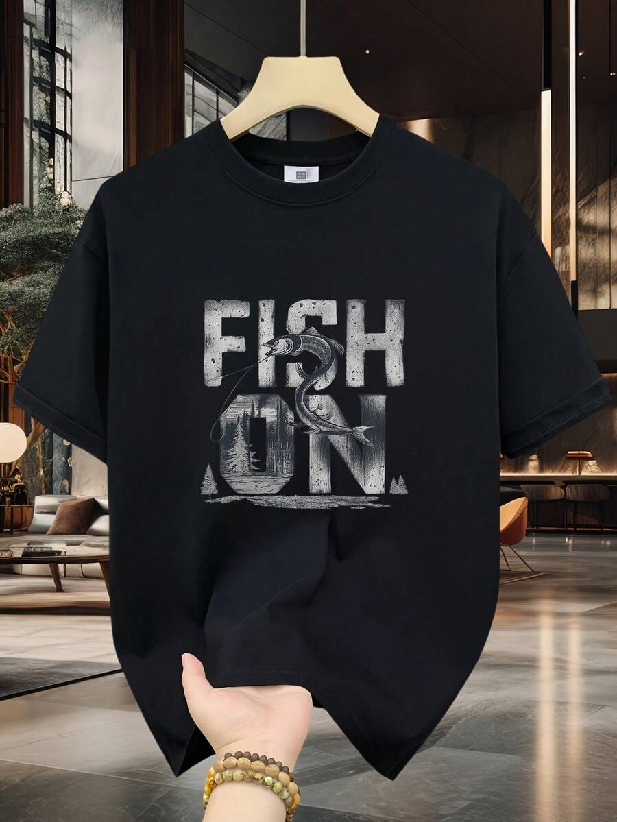 Pesca Fish On camiseta de algodón para hombre verano Tshirt - Negro - Ver 1