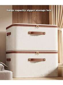 1/2 Packs Storage Bins With Zipper Lid Fabric Lidded Storage Baskets Boxes Foldable Washable Closet Shelf Clothes Organizer Container With Handles (Beige) - Beige - View 3