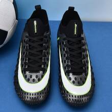 Zapatos de fútbol para adultos y adolescentes de caña baja para partidos de equipo al aire libre, zapatos de entrenamiento de fútbol para hombres, antideslizantes, resistentes al desgaste, para césped natural, terreno blando, de cuero, con cordones, ligeros, diseño antideslizante de alto rendimiento, tacos de fútbol profesionales - Negro y verde - Ver 6