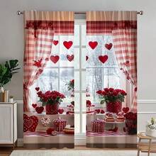 2 pezzi Tende con stampa rose rosse e design con sacchetto per asta, adatte per soggiorni, camere da letto, cucine e caffè - migliorano la luce naturale, ammorbidiscono la visione e aggiungono eleganza e stile (asta non inclusa), 160 g/m² - Multicolore - Visualizzare 1