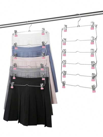 6 niveaux Cintre multifonction en métal avec pinces à jupe, pinces à pantalon, pinces roses