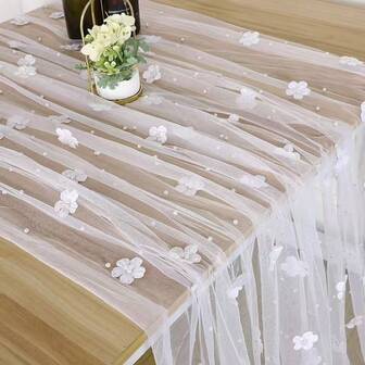 Elegant Floral Pearl Sheer Table Cloth With Pearls - Transparent Mesh Fabric, Suitable For Wedding, Bridal Shower And Romantic Valentine's Day Table Decor