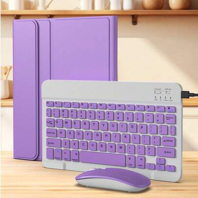 适用于 iPad 5/6/7/8/9/10、Pro 11、Air 1/2/3/4/5/6 的无线键盘鼠标套装，包含可拆卸无线键盘（150mAh 电池）和带笔槽的保护套 - 浅紫色