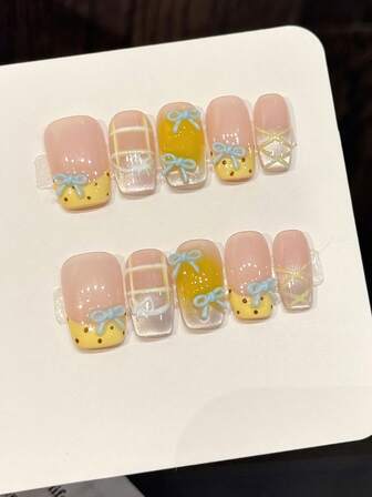 10 st handgjorda söta akryl press-on naglar, rosa och gula med 3D-rosett, rutiga och prickiga franska dekorationer, korta fyrkantiga lösnaglar, franska nageltips, gör-det-själv-nagelkonstmaterial, återanvändbara, med gelélim och nagelfil, lämpliga för vardagsbruk, alla hjärtans dag-naglar, bröllopsbrud, Y2K-musikfestival