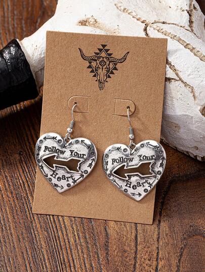 1对复古银色箭头心形西部风格耳环，女士款