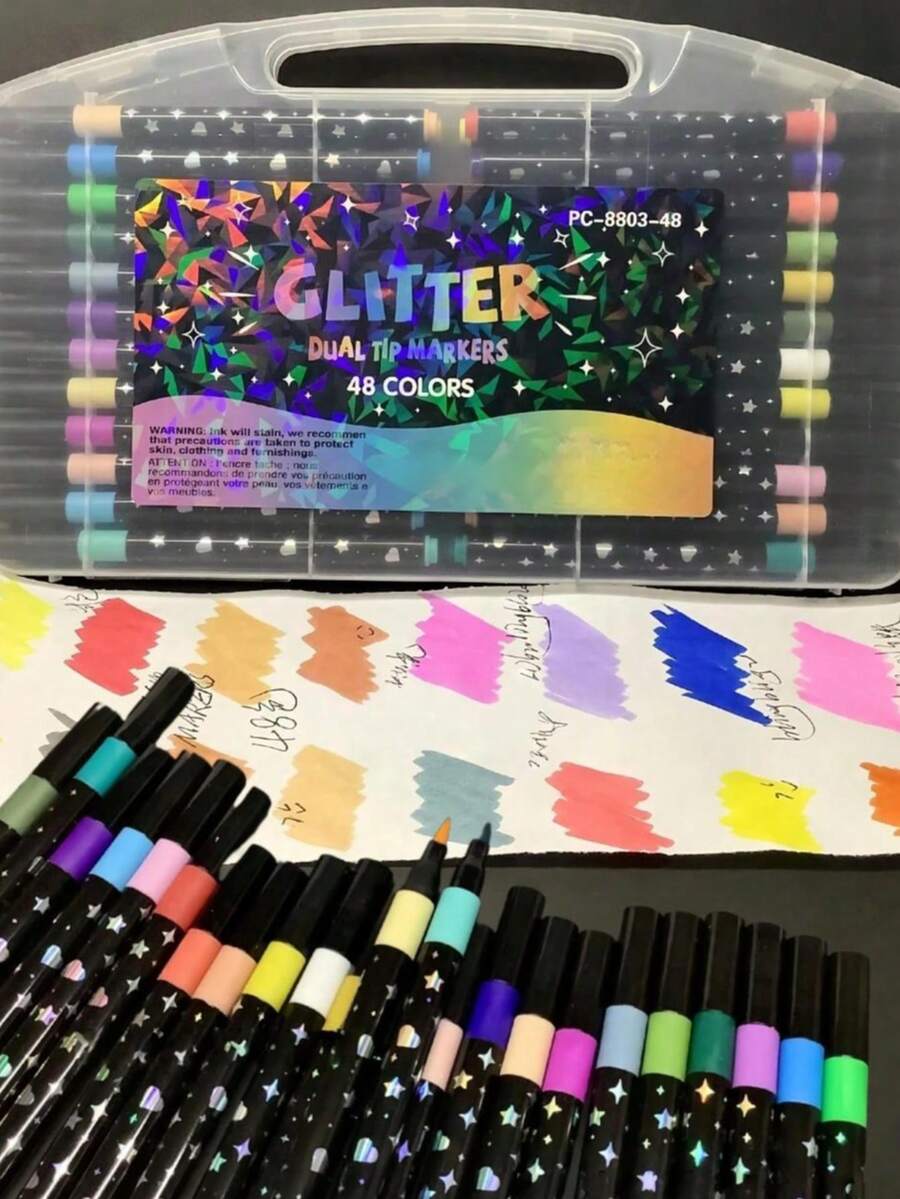 12/24/36 Peças Marcadores de Glitter de Ponta Única Cilíndricos, Novos Marcadores de Pérola, Planejador de Desenho Estudantil, Canetas Gel Coloridas, Marcadores Fluorescentes, Marcadores de Glitter, Marcadores Fluorescentes, Tinta Brilhante, Marcadores de Glitter, Canetas para Desenhar Natalinas - Multicolorido - Visão 1