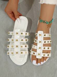 1 Pair Summer New Flat Sandals, Elegant Flat Sandals, Fashionable Retro Black Sandals, Studded Women's Shoes, Beach Vacation Shoes, Elegant Goddess Preppy College Fashion Vacation Beach Bohemian Casual PU Leather Buckle Beach Holiday Wedding College Vacation Party Office Home Outdoor Spring Summer Autumn Shiny Mirror Strap Women Sandals - White - View 7