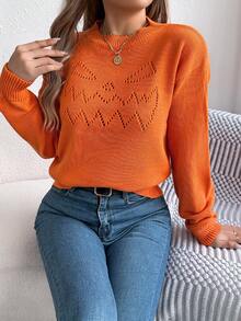 Stylish Women's Round Neck Long Sleeve Orange Sweater Regular Length Knitted Fabric With Hollow Out Accents For Casual Wear - 橘色 - 查看 6