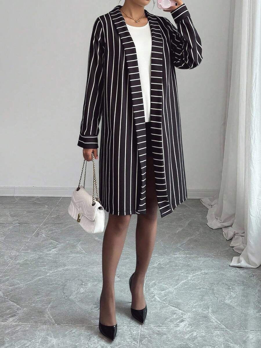 Atlas Striped Long Jacket - Black - View 1