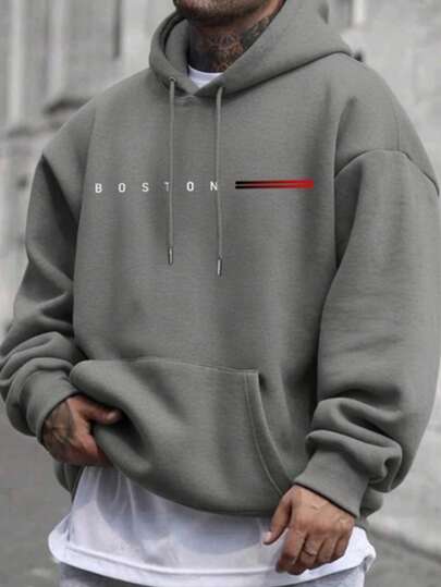 Sudadera Con Capucha De Cuello Redondo Para Hombre Con Estampado De boston, Bolsillo Canguro Y Cordón, Manga Larga, Suelta Y Casual, Ideal Para Regalar En Otoño E Invierno Como Ropa De Hombre