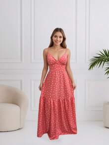 Women's Long Dress With V-Neck, Thin Straps, And Flowing Skirt. - 玫瑰之心 - 查看 1