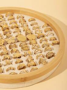 3/6/9/12/16/24件装不锈钢18K镀金极简几何开口戒指，金色时尚日常佩戴女士戒指（随机发货） - 金色 - 查看 3