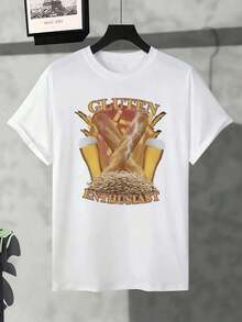 Camiseta holgada de cuello redondo con estampado artístico de hip hop callejero para amantes del gluten - Blanco - Ver 2