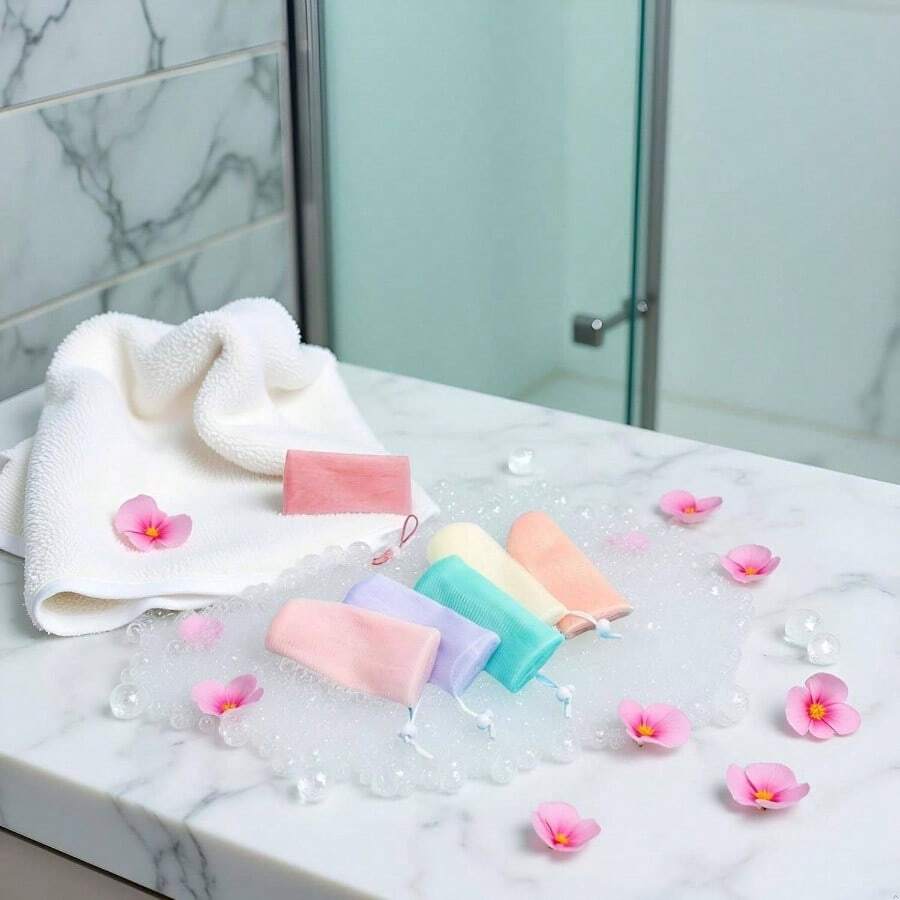 6 bolsas de jabn de malla exfoliante multicolor para ducha, con cordn, malla de espuma, bolsa de jabn para limpieza corporal, 6 colores que se pueden utilizar repetidamente