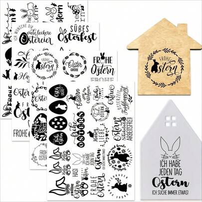 4 deutsche Osterhasen Aufkleber zum Aufbügeln, Folientransfer Aufkleber 19 x 14 cm für Glas, Basteln, Dekoration, DIY Basteln, Geschenkdekoration, Partydekoration