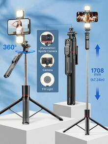 67.24 Inch Smartphone Selfie Stick Tripod - Extendable Travel Tripod With Stabilizer Handle And 360° Panoramic Shooting, Includes Wireless Remote And Detachable Phone Holder, Compatible With Camera/Smartphone/Android Pro MAX, Suitable For Travel, Vlog, Video And Photo Shooting - Black - View 12