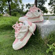 Preppy Style Cute Women Pink Curb Sneakers Thick Sole Lace-Up Lightweight Casual Shoes For School Girls - 粉色 - 查看 6