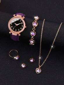1 pieza Reloj de cuarzo para niñas con correa de cuero PU morado, decoración de strass, número de dibujos animados y esfera redonda, y 5 piezas de set de joyería con decoración de strass - Morado - Ver 4
