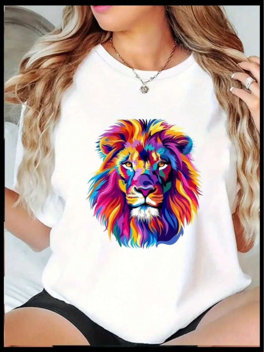 Women's Casual T-Shirt With Lion Print, Neon Colors, Plus Size, 100% Cotton - 白色 - 查看 1