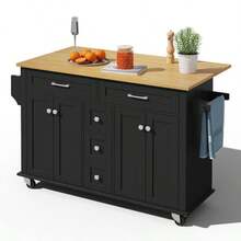 Multifunctional Kitchen Trolley With Fold-Out Worktop, Extendable To 120*65 Cm, With 5 Drawers, Cabinets, Spice And Towel Racks, On Casters – Kitchen Island For Kitchen, Dining Room And Living Room - 黑色 - 查看 10
