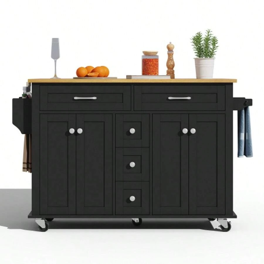 Multifunctional Kitchen Trolley With Fold-Out Worktop, Extendable To 120*65 Cm, With 5 Drawers, Cabinets, Spice And Towel Racks, On Casters – Kitchen Island For Kitchen, Dining Room And Living Room - 黑色 - 查看 1
