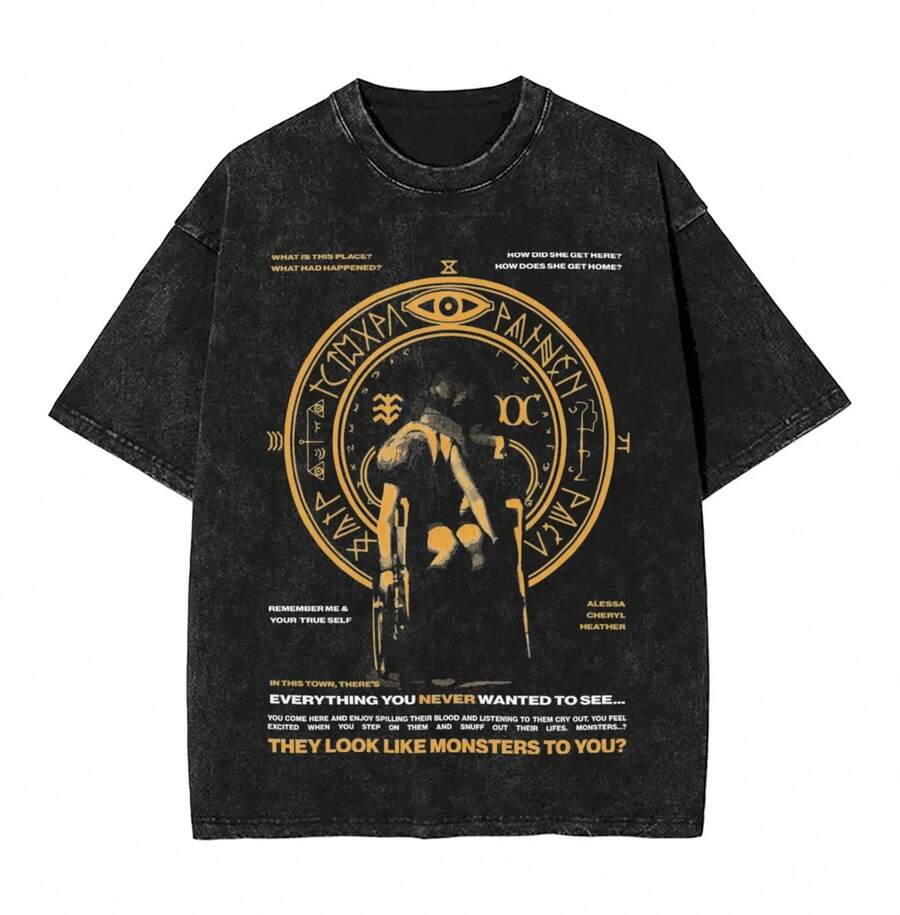 Washed T Shirts Silent Hill Game Hip Hop Fashion T-Shirts High Street Horror Streetwear 100% Cotton Summer Tees For Men Women - 黑色 - 查看 1