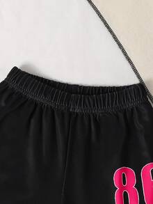 2pcs/Set Young Girl Letter Print V-Neck Digitally Printed Short Sleeve Shorts Set, Suitable For Summer Outings And Everyday Wear (Polyester) - Black - View 6