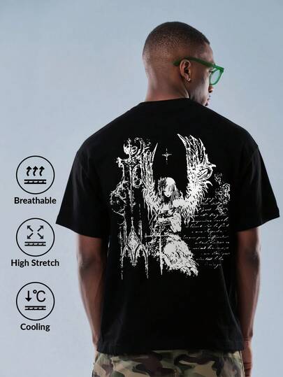 Camvyn 男士休闲时尚街头印花落肩宽松透气短袖T恤，夏季