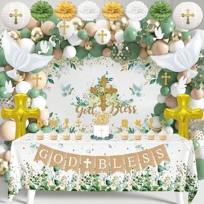 127 piezas Conjunto de arco de globos con tema de , incluye globos de aluminio con forma de cruz y palomas, así como globos de látex verde, albaricoque, blanco y dorado. Perfecto para fiestas de cumpleaños, baby showers, fiestas de primer cumpleaños, celebraciones de primera comunión, decoraciones de boda y suministros para fiestas con tema de .