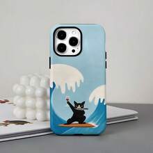 Funda de película dos en uno  Surf the Waves Black Cat Wine Fun, resistente, de doble capa para protección superior, duradera, a prueba de caídas, para iPhone 17 16e 16 15 14 13 12 11 8 7 X XS XR Plus Pro Max Mini SE2 SE3, regalos de cumpleaños y Navidad para amigos, familia y amor - Blanco - Ver 2