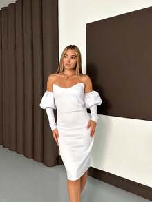 Women's Elegant White Midi Dress With Layered Sleeve And Pencil Hem Backless Design, Knee Length Styling - White - View 7