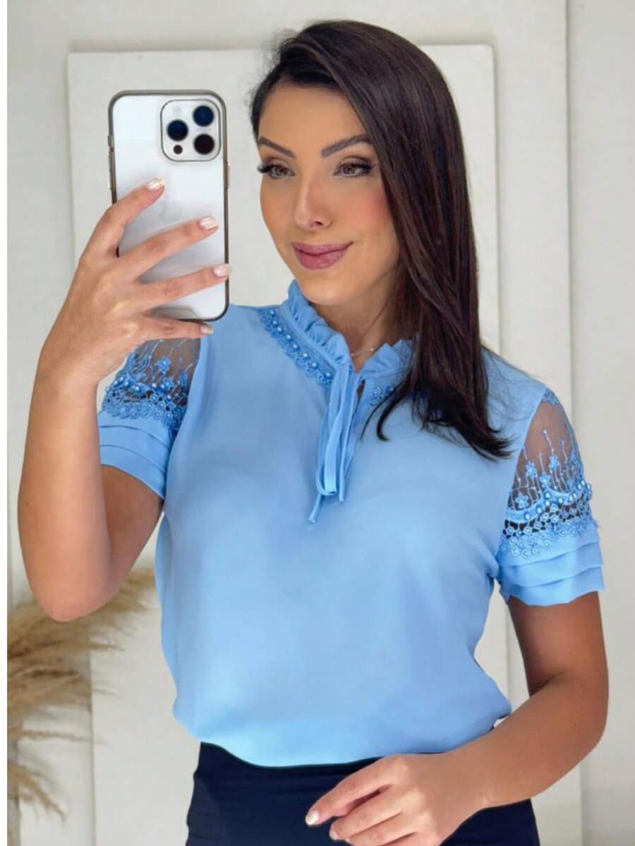 blusa feminina, blusa social tamanho slin e plusize, blusa manga curta, blusa elegante - Azul bebê - Visão 1