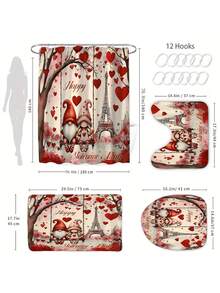 1/4pcs Valentine's Day Gnome & Eiffel Tower Bathroom Curtain Set - Romantic Red & Pink Polyester Decorative Bathroom Curtains With Heart, Flower And "Happy Valentine's Day" Designs, Suitable For Bathing, Non-Slip Bath Mat, U-Shaped Toilet Lid Cover, Bathroom Decor | Romantic Bathroom Decor | Machine Washable Curtain, Bathroom Accessories