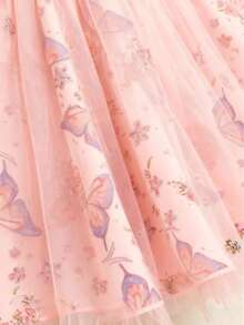 1pc Elegant Round Neck Long Sleeve Butterfly Print Flare Dress, Knee-Length, Mesh Detail, Suitable For Children, Spring/Autumn - Pink - View 5