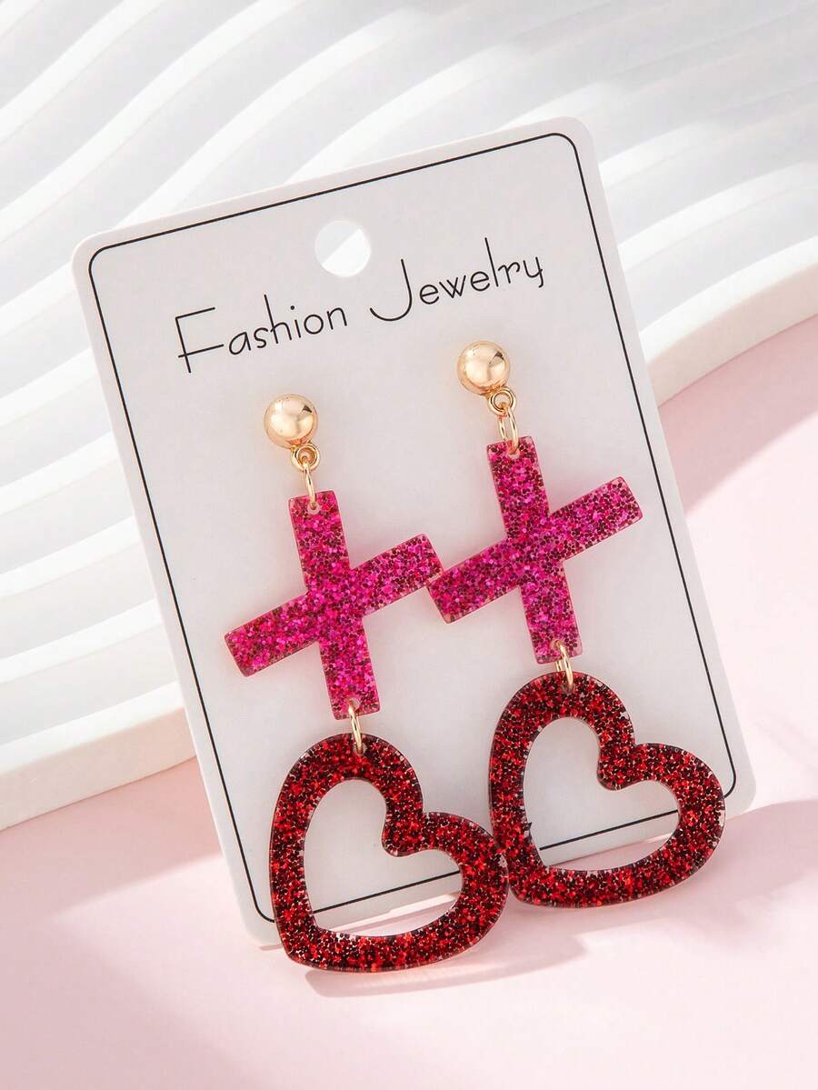 1 Pair Acrylic Shiny X O Heart Design Fashion Jewelry Earrings For Women, Perfect Gift For Valentine's Day Party - Multicolor - View 1