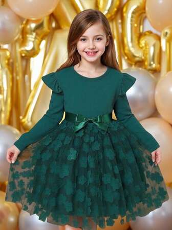 Vestido de manga larga con volantes, parches y malla con mariposas 3D para niñas jóvenes en Navidad, con cinturón