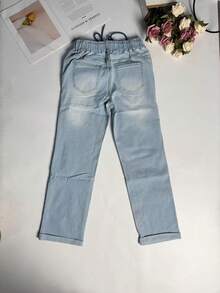 女士弹力腰水洗牛仔七分裤，适合通勤和休闲穿着，秋季款 - 淺色水洗藍 - 查看 7