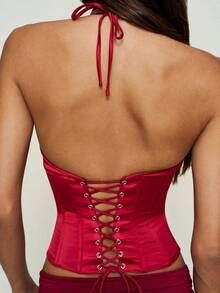 Women's Y2K Satin Halter Top Backless Corset Bustier Top Lace Up Coquette Going Out Crop Tank Halter Neck Party Club - 紅色 - 查看 3