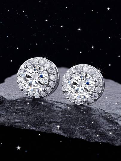 18K镀金纯银耳环，镶嵌璀璨圆形立方氧化锆钻石光环耳环 - 高级立方氧化锆铂金