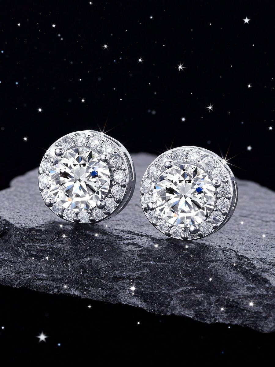18K镀金纯银耳环，镶嵌璀璨圆形立方氧化锆钻石光环耳环 - 高级立方氧化锆铂金 - 銀色 - 查看 1