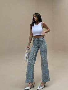 SQUALO Dark Gray Jeans With Glittery Leopard Pattern For Going Out - Blue - View 4