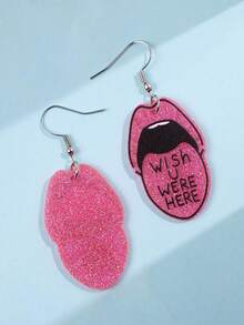 一对时尚创意可爱粉色嘴唇“WISH U WERE HERE”亮片亚克力女士耳环，适合日常通勤、度假、派对等场合佩戴。 - 彩色 - 查看 4