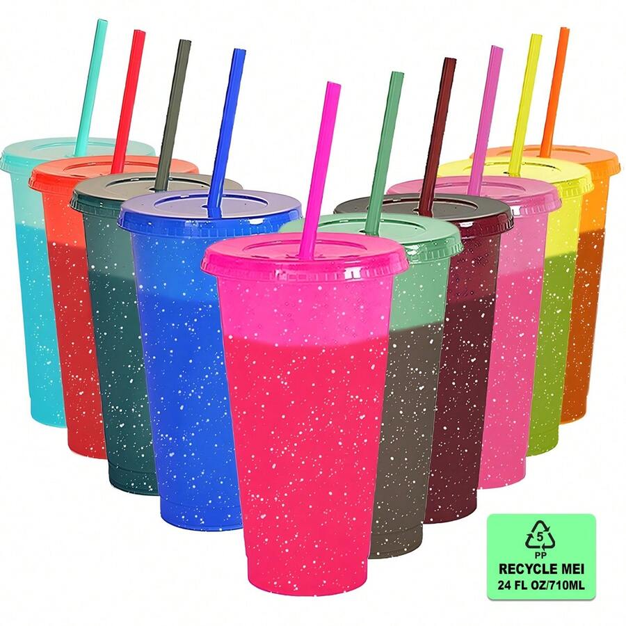 30 Piezas Vasos Mágicos con Purpurina de 710 ml que Cambian de Color al Contacto con Frío, con Tapa y Popote Reutilizable, Vasos de Plástico de Grado Alimenticio, Ideales para Fiestas, Hogar, Oficina y Eventos – Diseño Antideslizante, Duradero y Fácil de Limpiar