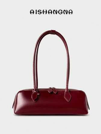 Damväska med stor kapacitet och nischdesign, en axel, elegant lång röd baguetteväska